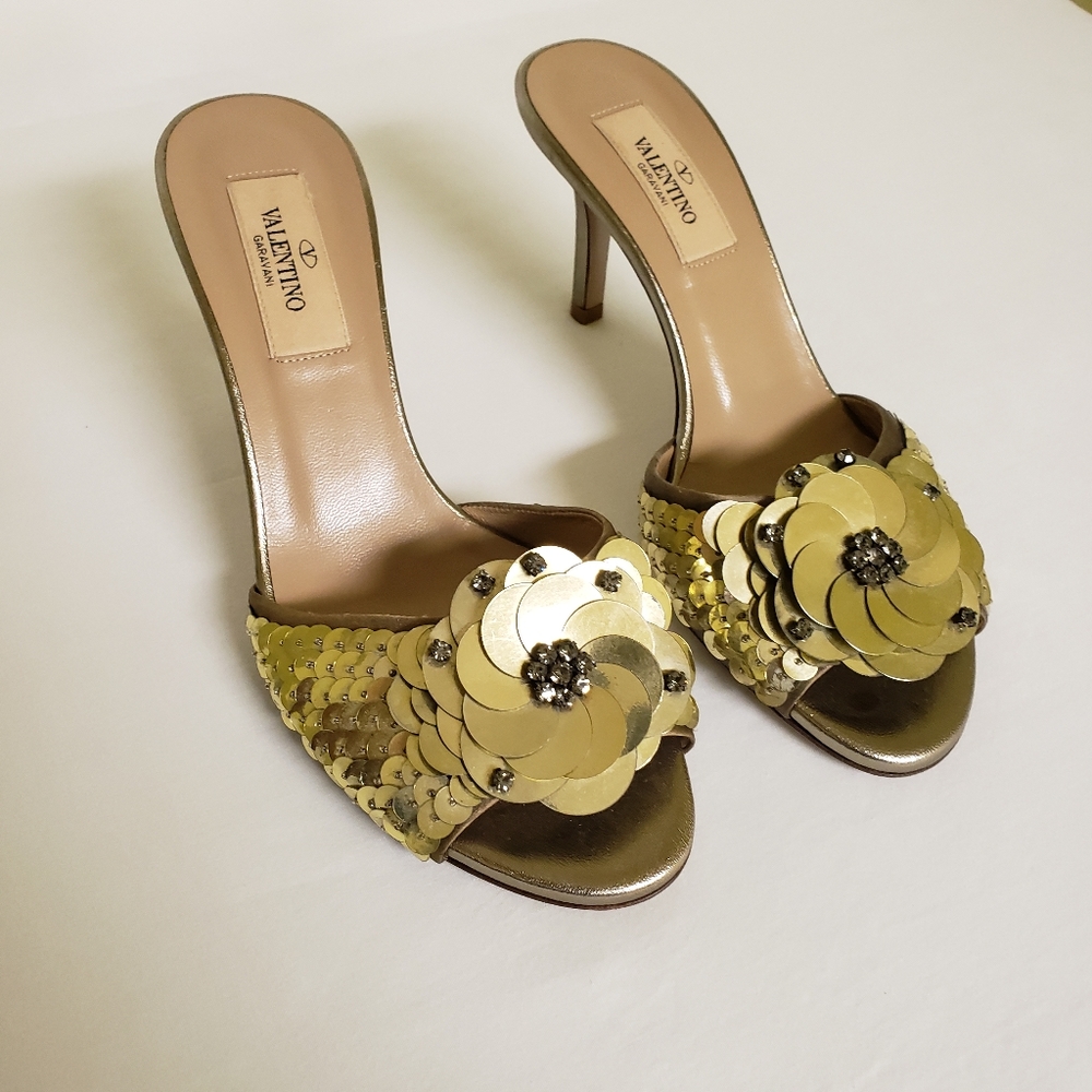 Valentino Garavani Gold Sequin Floral Slide Heels
